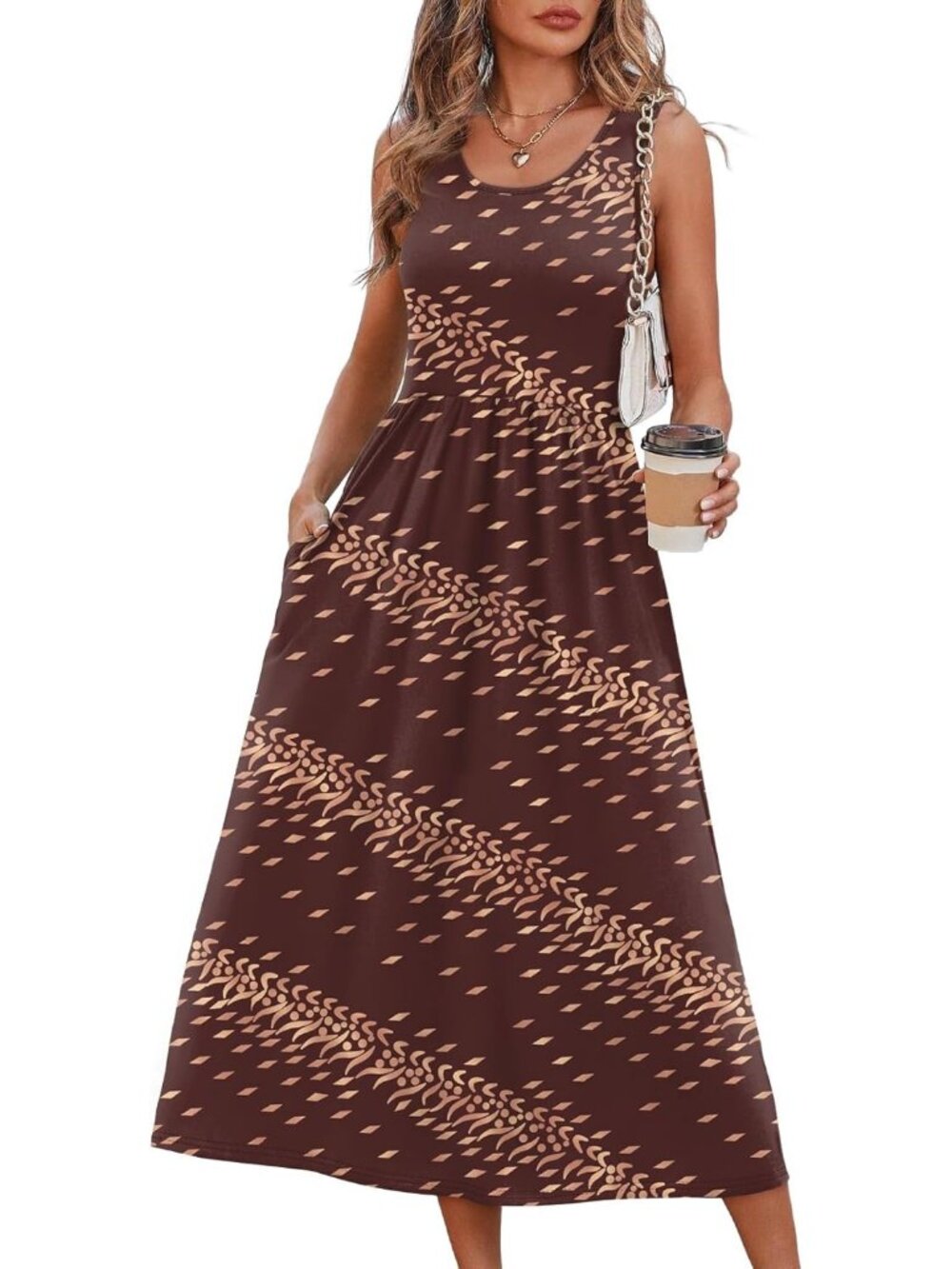 Women's Midi Dresses Vintage Brown Print Scoop Neck Sleeveless Summer Casual